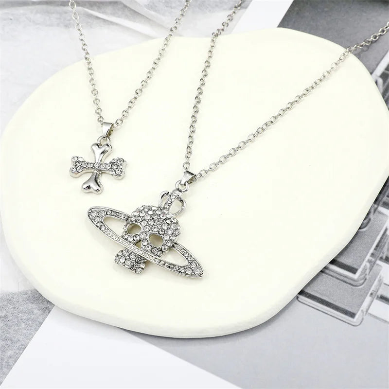 Rhinestone Skull Pendant Long Cross Chain Necklace Vintage Punk Goth Jewelry for Women Men