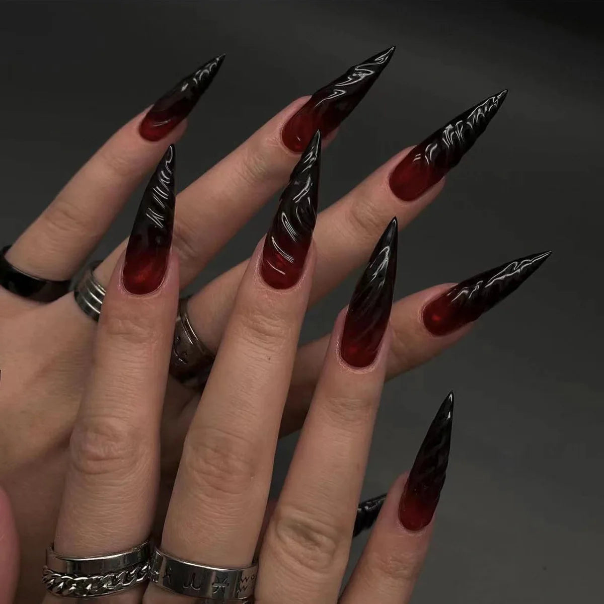 24Pcs Black Y2K Press On Nails, Diamond Butterfly Halloween Long Almond Tips