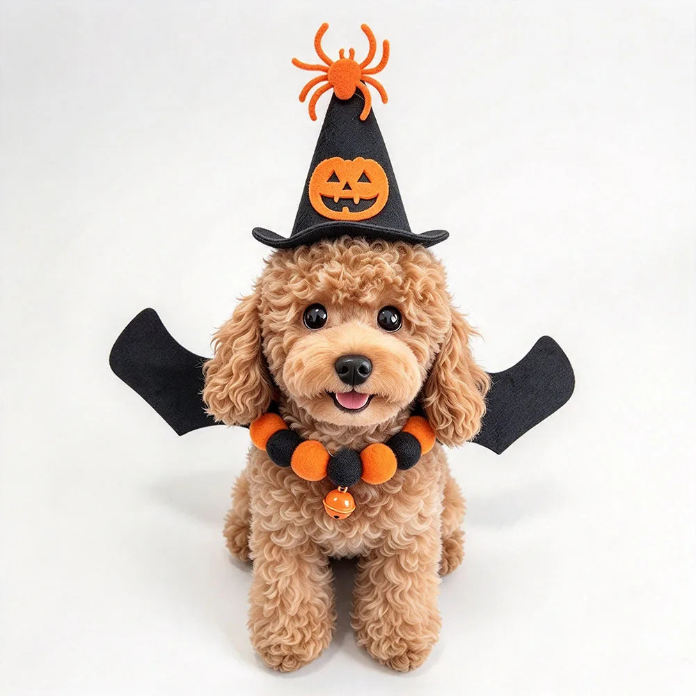 Halloween Spider Pet Costume for Dog Cat – Pumpkin Witch Hat, Bat Wings & Pom Pom Bell Collar Set
