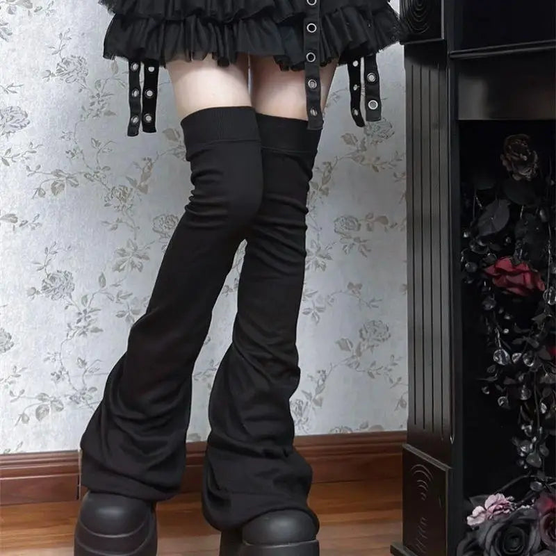 Y2K Gothic Lolita Over Knee Leg Warmers Black White Horn Cuff Punk Harajuku Socks