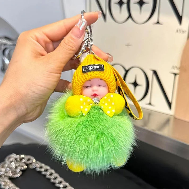 Cute Fluffy Sleepy Doll Keychain – Kawaii Plush Bag Charm Car Key Ring Gift
