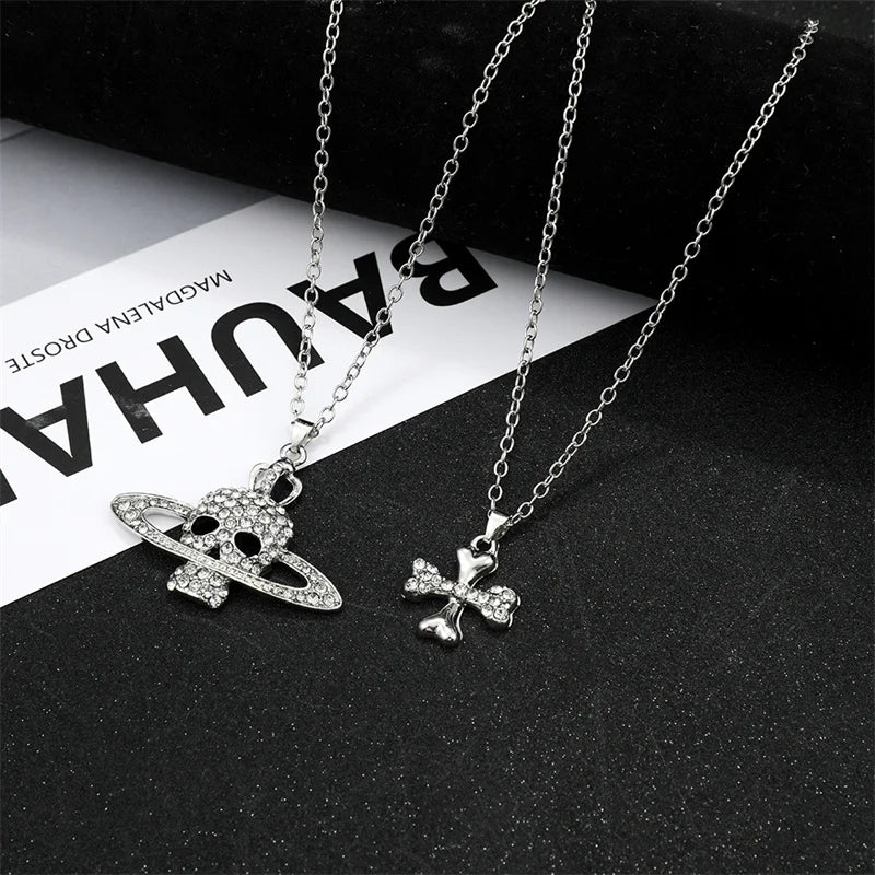 Rhinestone Skull Pendant Long Cross Chain Necklace Vintage Punk Goth Jewelry for Women Men