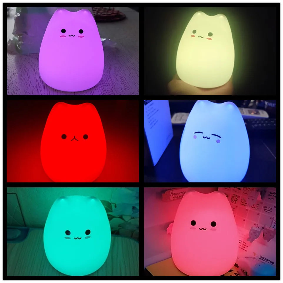 Mini Cat Touch Night Lamp Silicone LED Kids Bedside Nursery Light Gift