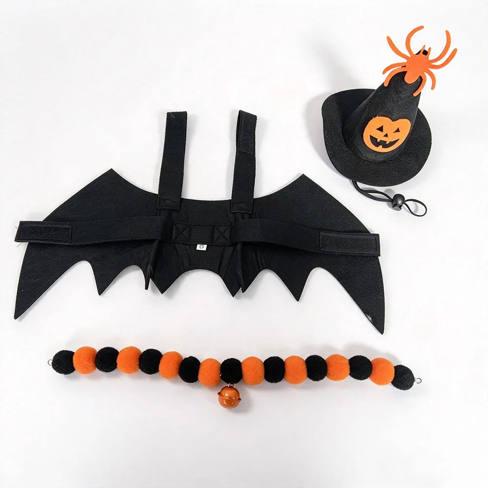 Halloween Spider Pet Costume for Dog Cat – Pumpkin Witch Hat, Bat Wings & Pom Pom Bell Collar Set