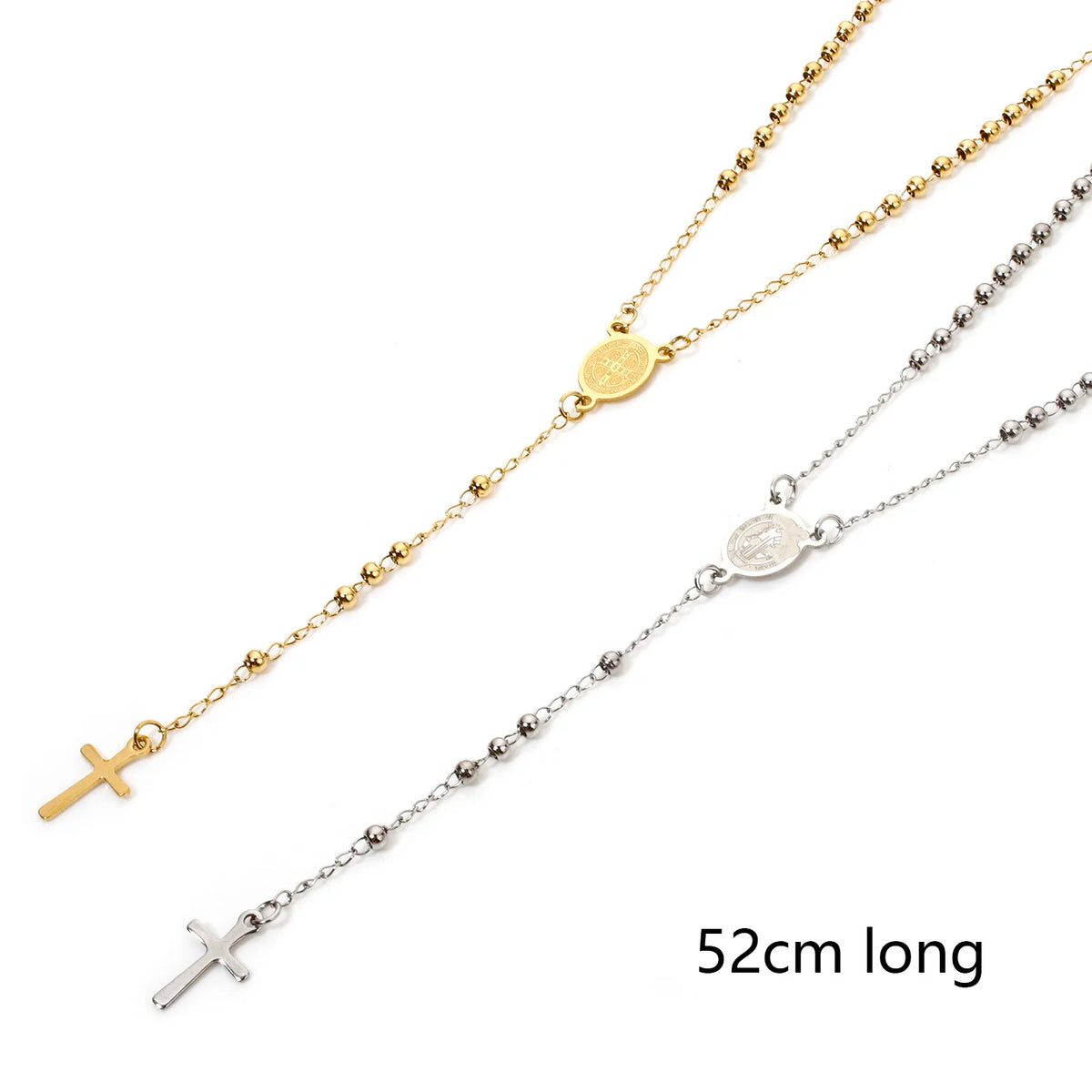 Rosary Necklace Stainless Steel Cross Pendant Prayer Beads Gothic Jewelry Gift 52cm