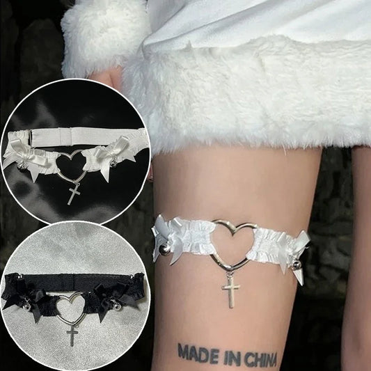 Gothic Lace Bow Garter Punk Heart Cross Choker Leg Ring Strap Women Lingerie