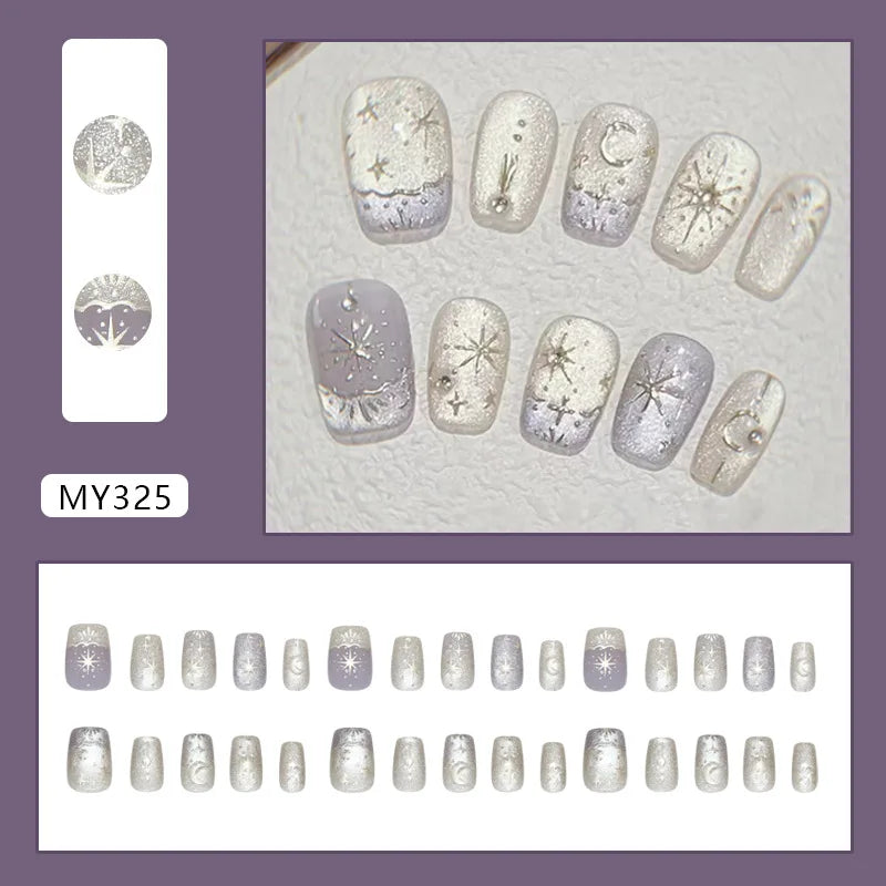 Y2K Star Press On Nails 24pcs – Blue Gradient French Gold Moon Almond False Nails