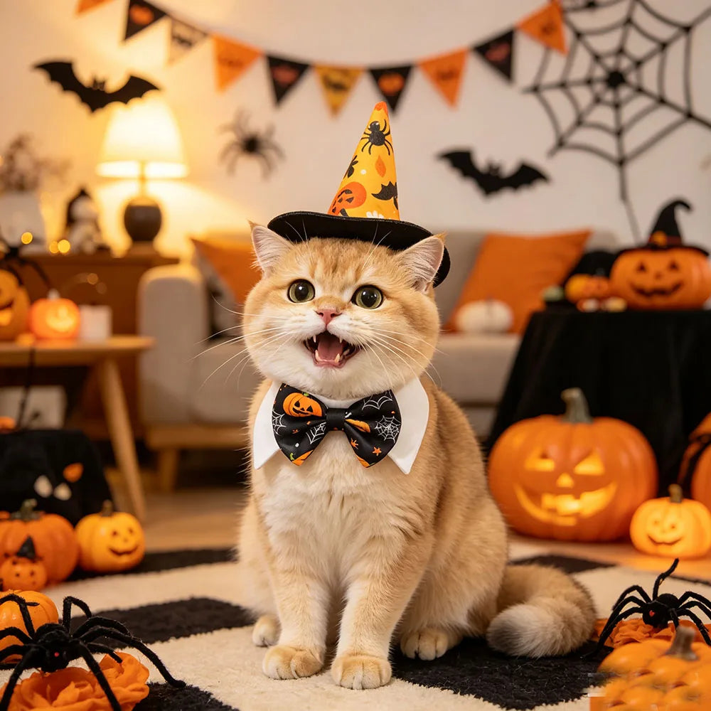 Pet Halloween Costume Set - Pumpkin Spider Wizard Hat & Bow Tie Collar for Dogs Cats