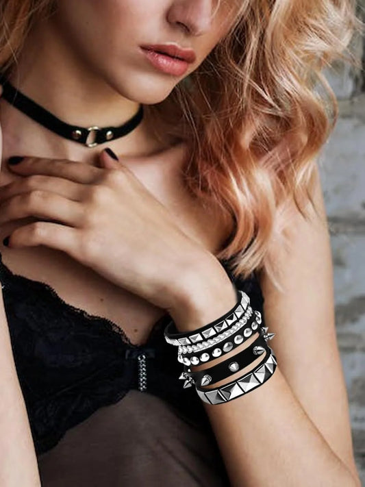 Gothic Punk Studded Leather Cuff Bracelets 3Pcs Set Hip Hop Wristbands Jewelry