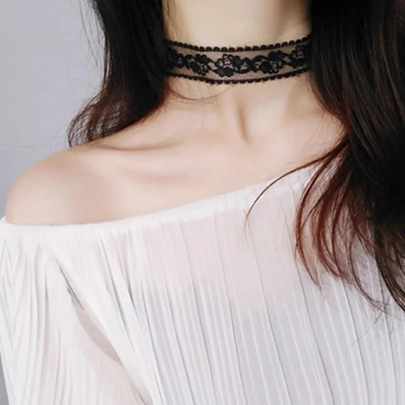 Black Lace Flower Choker Necklace - Harajuku Gothic Short Collar for Women & Girls