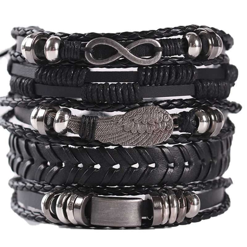Black Punk Skull & Star Leather Bracelet Set – Gothic Alloy Wristband for Men & Women
