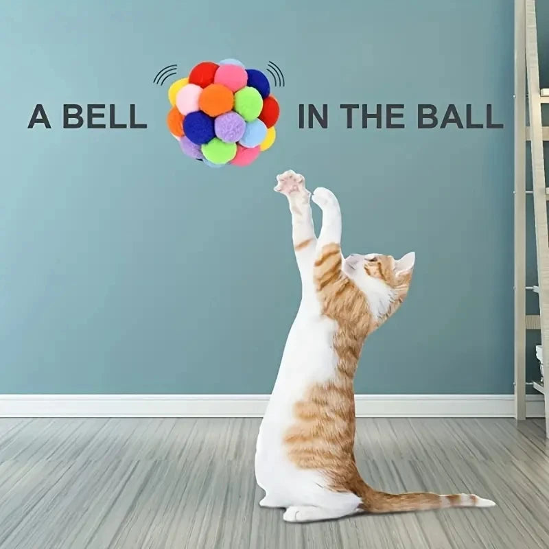 Colorful Pom Pom Cat Toy Ball with Bell Interactive Kitten Play Balls