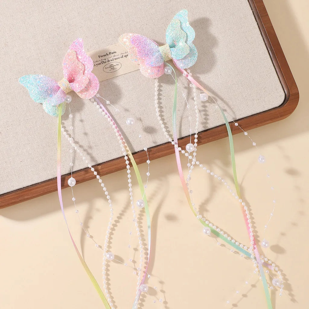 Sparkly Butterfly Bow Hair Clips for Girls – Long Pearl Tassel Ribbon Barrettes, Fairy Cosplay Hair Accessories
