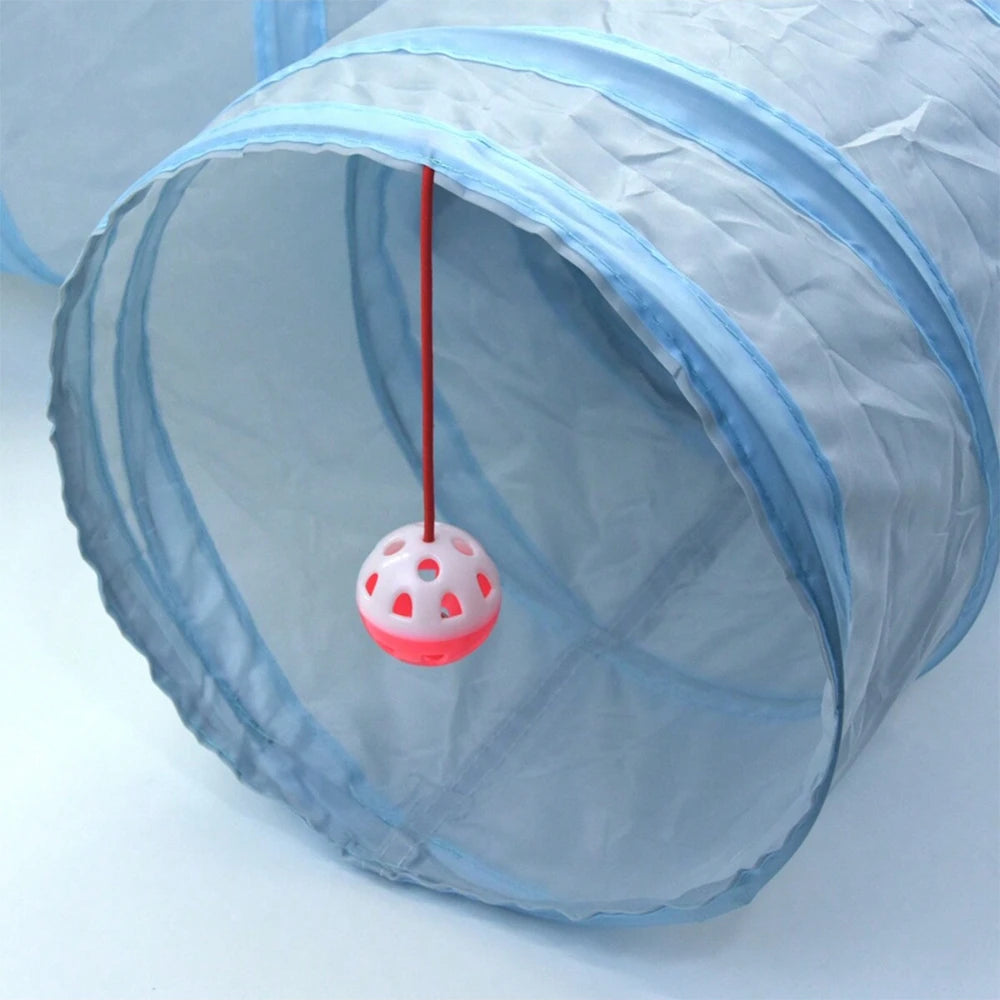 3-Way Foldable Cat Tunnel – Gray Pet Play Tube with Peep Hole for Kittens