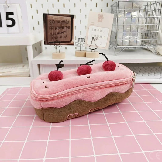 Cherry Cake Plush Pencil Case, Large Capacity Student Stationery Pouch Gift