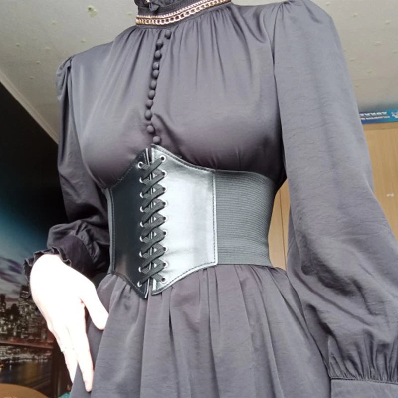 Gothic PU Leather Corset Wide Belt – Elastic High Waist Slimming Dress Girdle