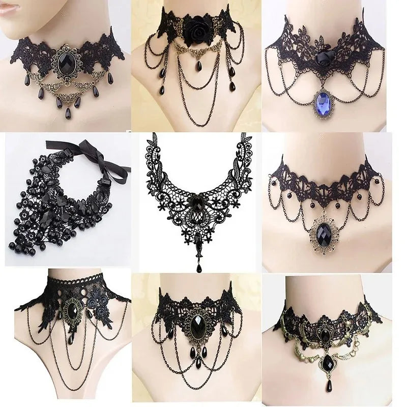 Gothic Victorian Black Lace Choker Necklace with Crystal Tassel, Dark Lolita Jewelry