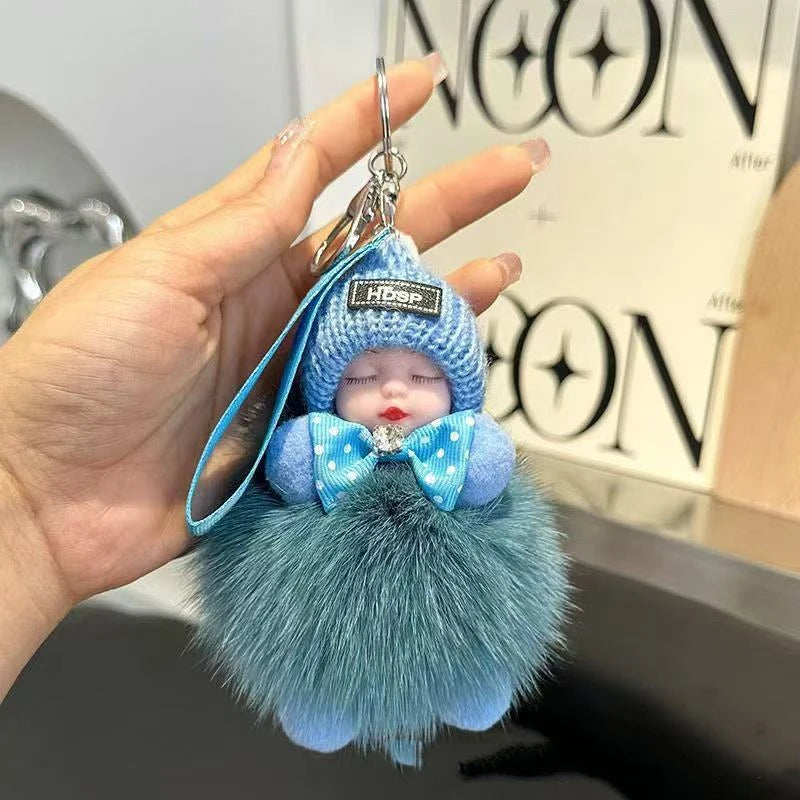 Cute Fluffy Sleepy Doll Keychain – Kawaii Plush Bag Charm Car Key Ring Gift