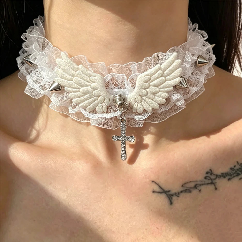 Wide Lace Rivet Choker Necklace - Y2K Angel Wing Leather Collar for Women & Girls