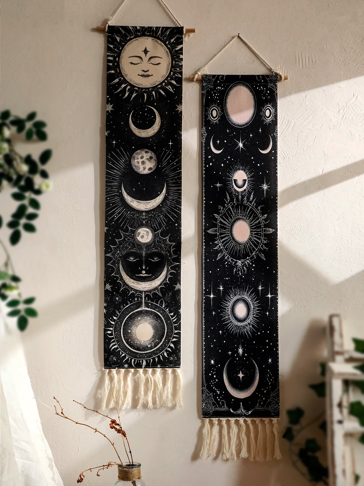 Celestial Moon Phase Tapestry Wall Hanging - Gothic Witchy Black White Boho Decor