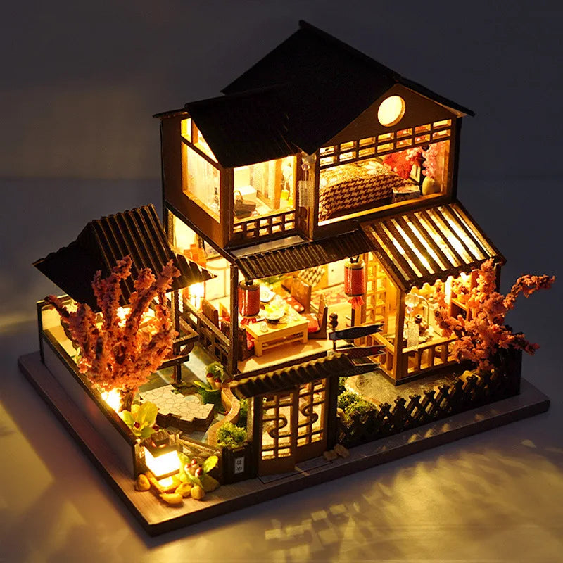 Miniature Wooden Dollhouse DIY Kit with LED Lights & Furniture – Handmade Birthday Gift