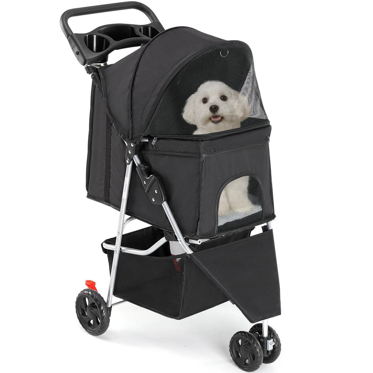 3-Wheel Foldable Pet Stroller – Lightweight Dog & Cat Carrier with Mesh Windows, Storage Basket & Cup Holder