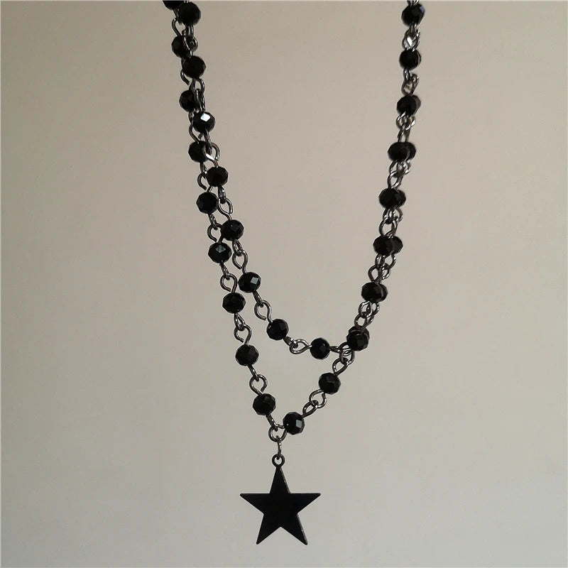 Punk Star Heart Cross Double Layer Chain Necklace – Y2K Grunge & EMO Rock Style for Men and Women