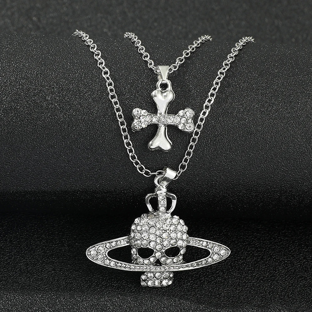 Rhinestone Skull Pendant Long Cross Chain Necklace Vintage Punk Goth Jewelry for Women Men