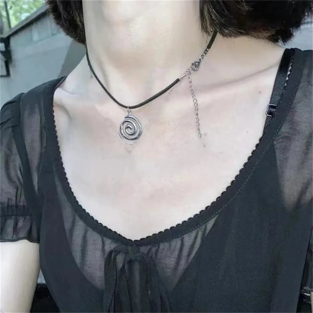 Y2K Spiral Vortex Pendant Necklace - Boho Leather Rope Pentagram Jewelry