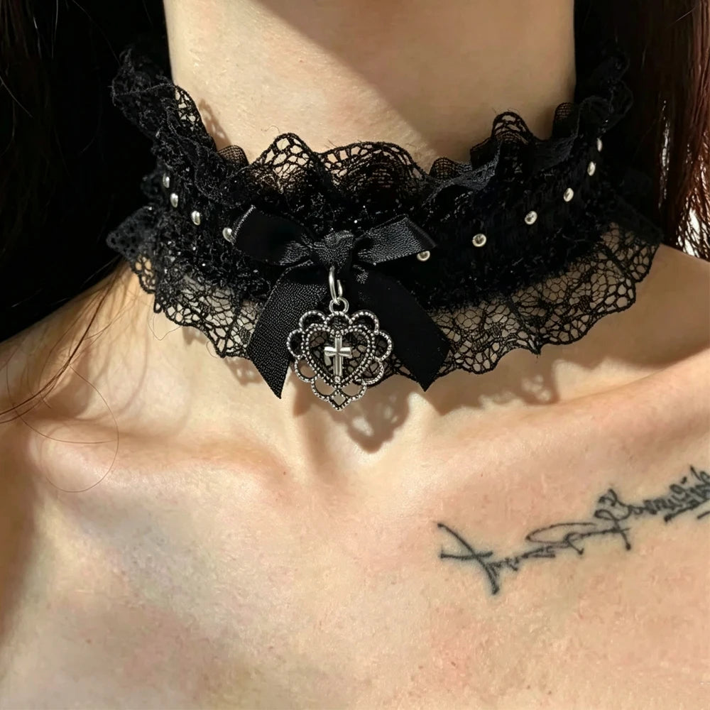 Wide Lace Rivet Choker Necklace - Y2K Angel Wing Leather Collar for Women & Girls