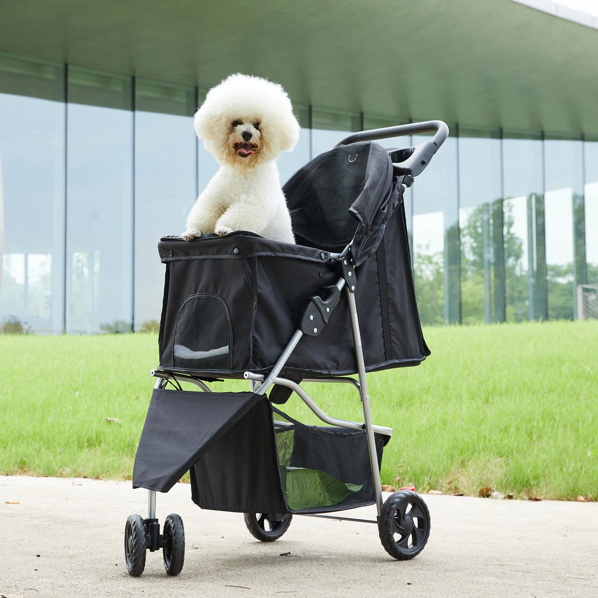 3-Wheel Foldable Pet Stroller – Lightweight Dog & Cat Carrier with Mesh Windows, Storage Basket & Cup Holder