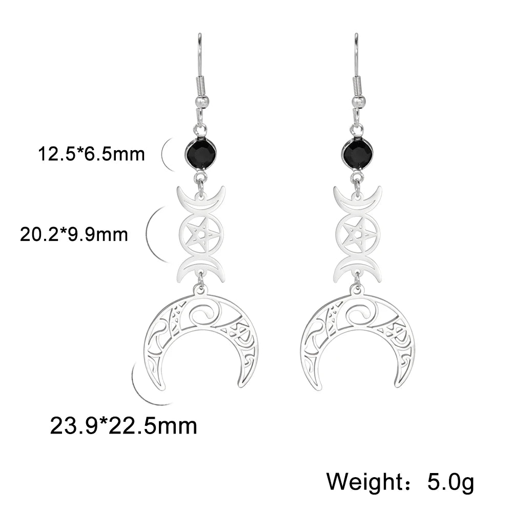 Goth Moon Phase Pentagram Earrings - Stainless Steel Witchy Dangle Jewelry