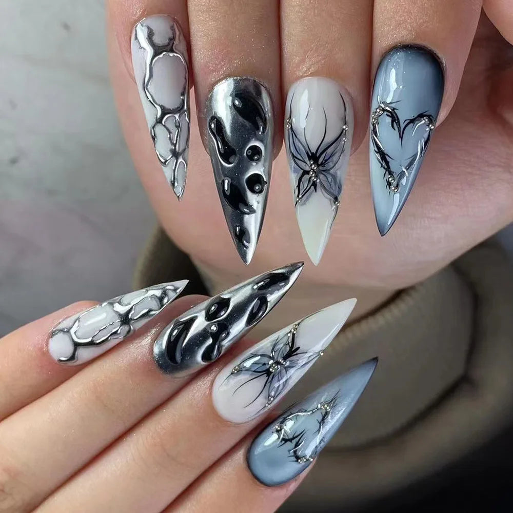 24Pcs Black Y2K Press On Nails, Diamond Butterfly Halloween Long Almond Tips