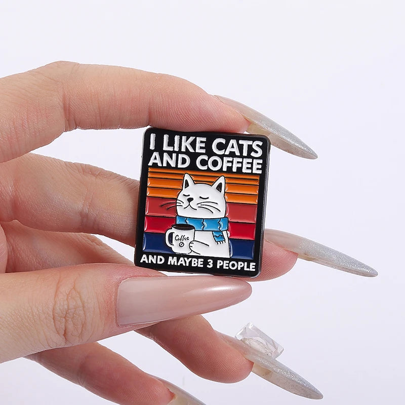 I Like Cats and Coffee Enamel Pin – Cute Cartoon Cat Drinking Coffee Alloy Brooch for Lapels & Bags