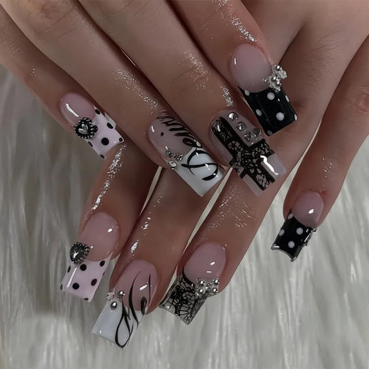 Y2K Black Lace Cross Press On Nails 24pcs - Polka Dot Bow Heart False Nails