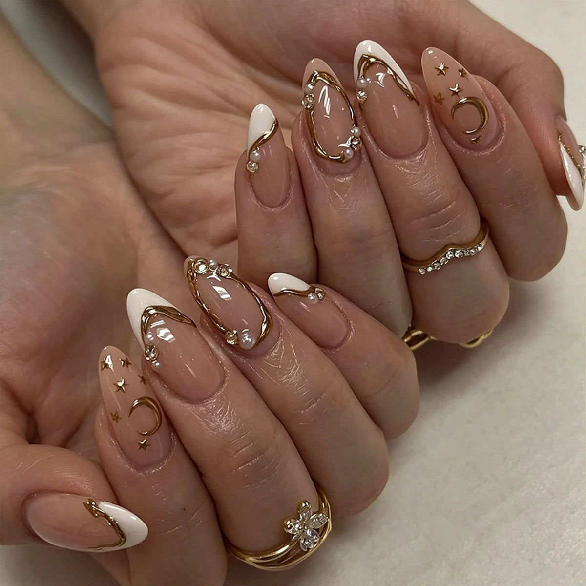 Y2K Star Press On Nails 24pcs – Blue Gradient French Gold Moon Almond False Nails