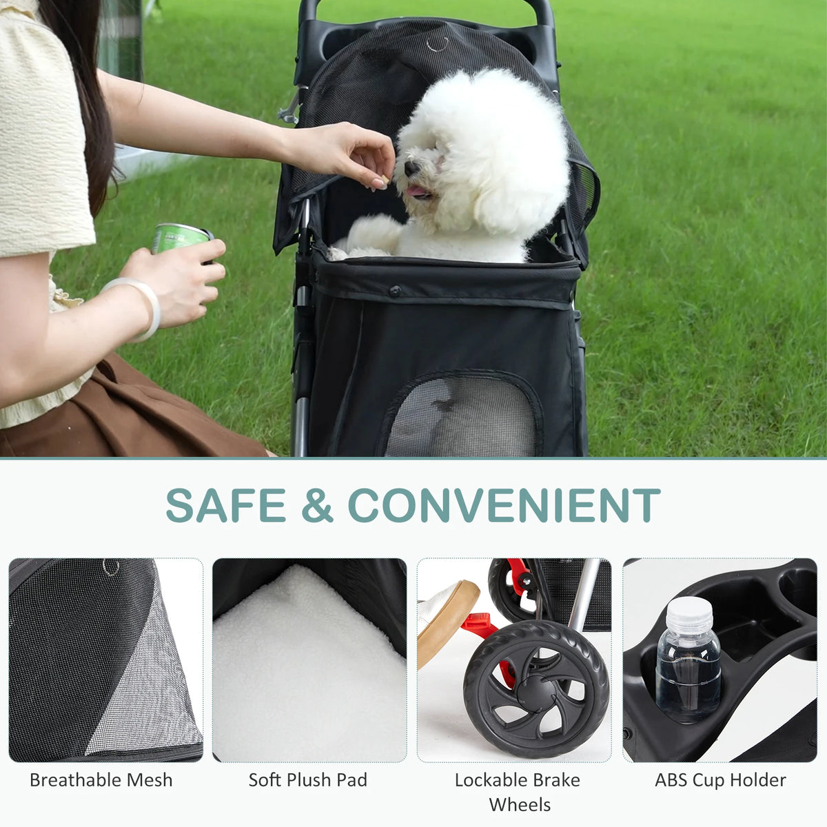 3-Wheel Foldable Pet Stroller – Lightweight Dog & Cat Carrier with Mesh Windows, Storage Basket & Cup Holder