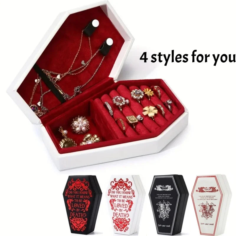 Gothic Coffin Jewelry Box PU Leather Velvet Lined Organizer for Rings Earrings Necklaces Halloween Gift