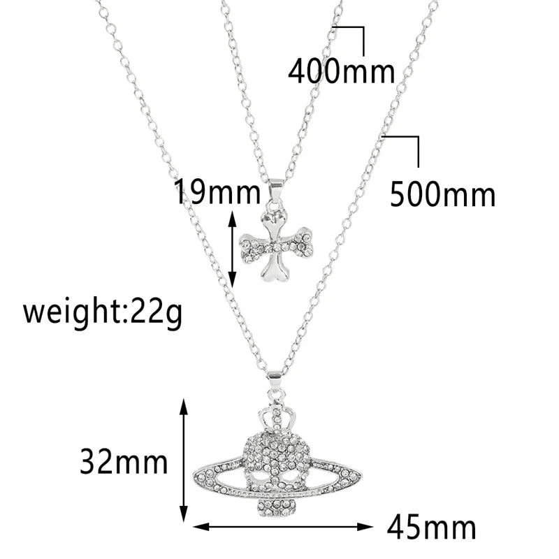 Rhinestone Skull Pendant Long Cross Chain Necklace Vintage Punk Goth Jewelry for Women Men