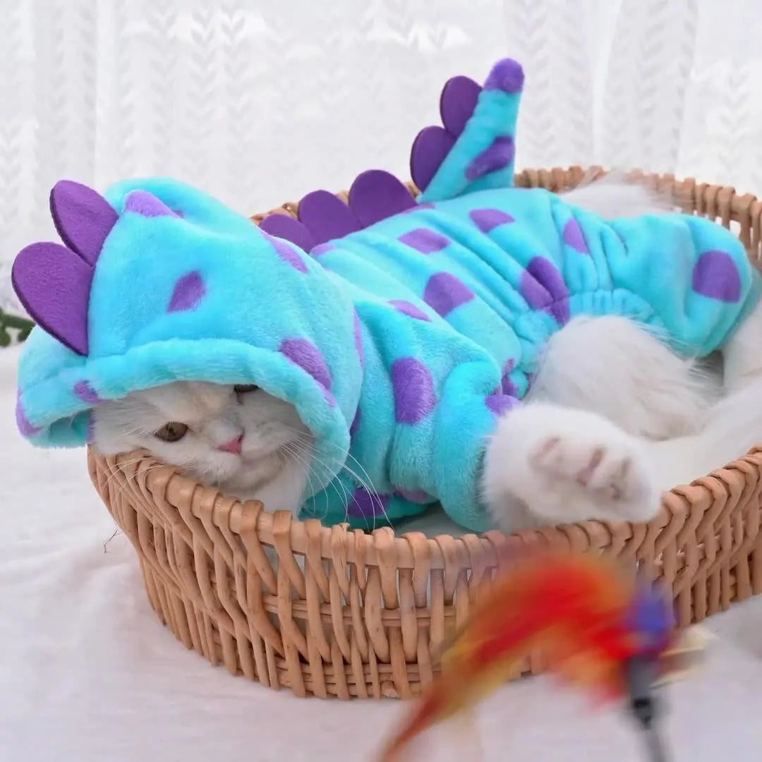 Dinosaur Bee Pet Jumpsuit for Cats & Small Dogs – Plush 4-Leg Winter Costume