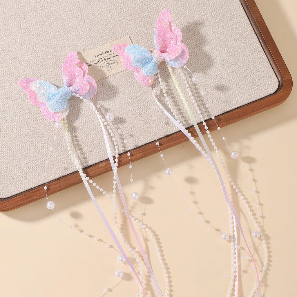 Sparkly Butterfly Bow Hair Clips for Girls – Long Pearl Tassel Ribbon Barrettes, Fairy Cosplay Hair Accessories