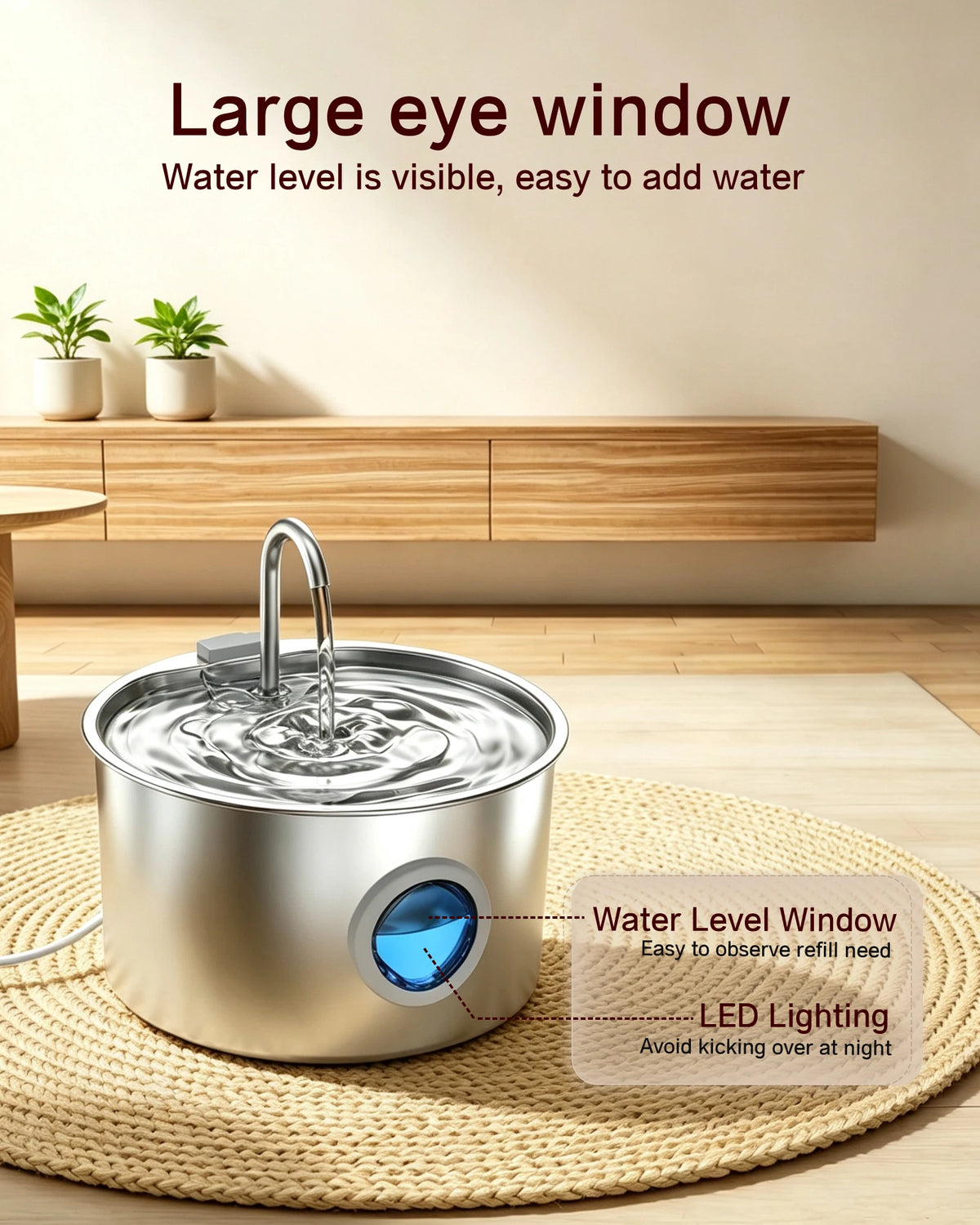 Stainless Steel Cat Water Fountain 108oz/3.2L for Cats, Dogs and Small Pets, with Quiet Operation & LED Light, Easy to Clean & Assemble