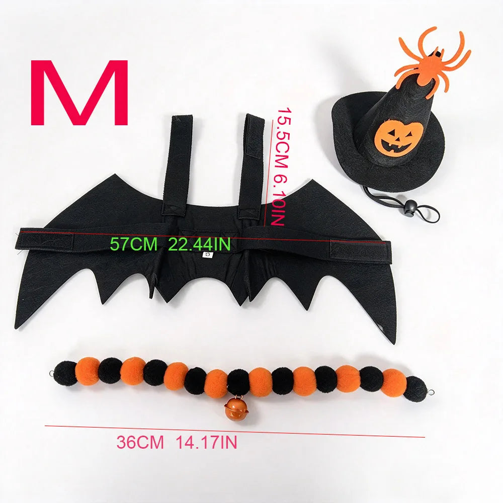Halloween Spider Pet Costume for Dog Cat – Pumpkin Witch Hat, Bat Wings & Pom Pom Bell Collar Set