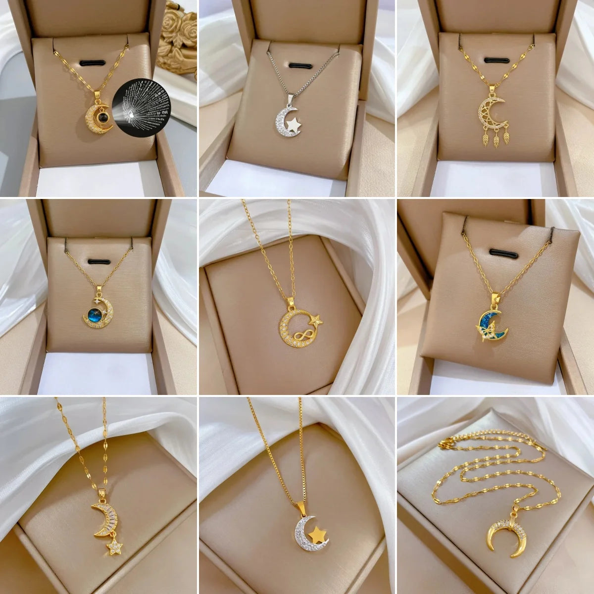 Crescent Moon Pendant Necklace Stainless Steel Zircon Vintage Jewelry
