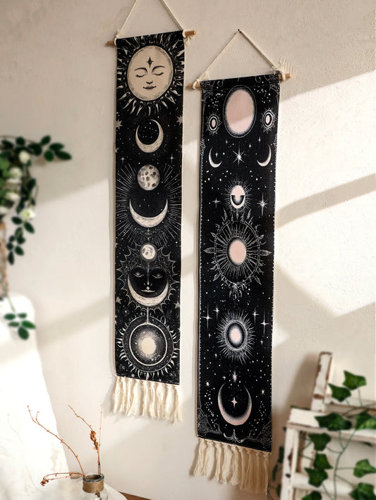 Celestial Moon Phase Tapestry Wall Hanging - Gothic Witchy Black White Boho Decor