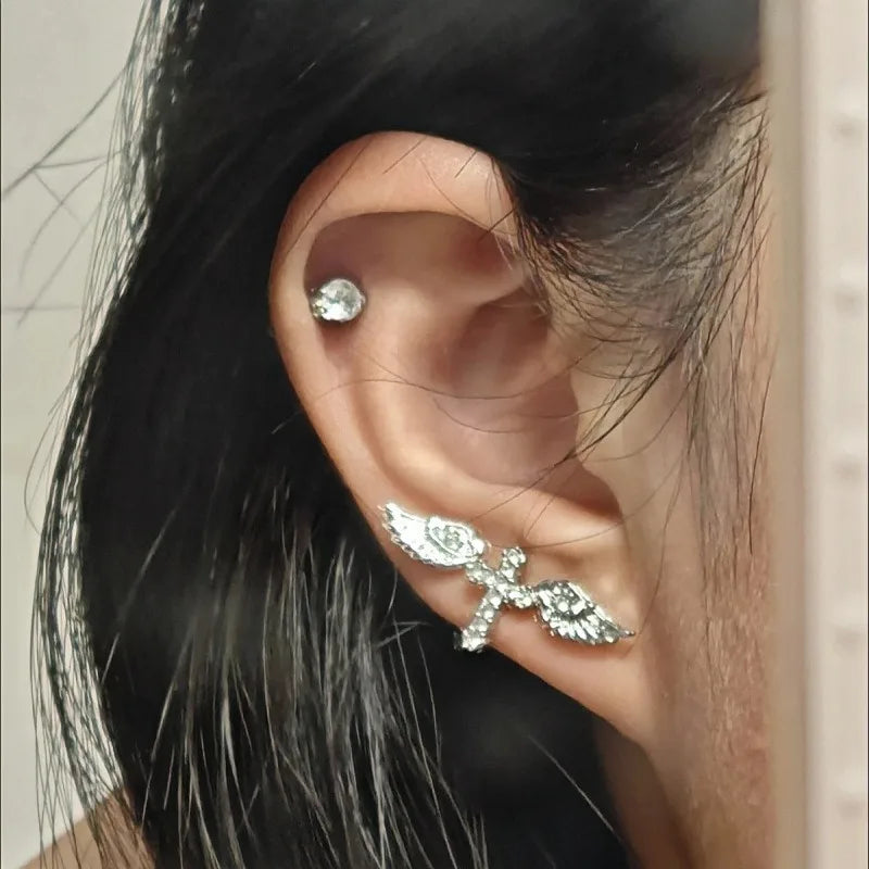 Wing Design Stackable Ear Studs for Women - Y2K Punk Gothic Cross Piercing Earrings