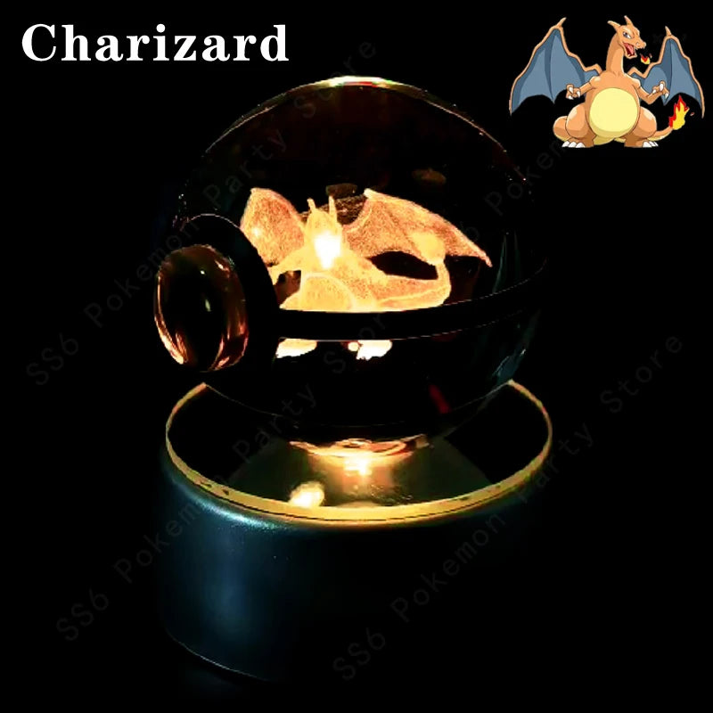 Pokemon 3D Crystal Ball Night Light - Glass Pokeball LED Lamp with Pikachu, Mewtwo & Gengar