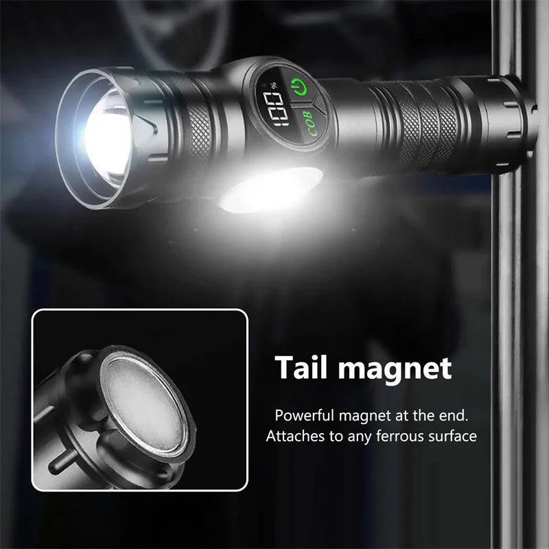 Rechargeable LED Flashlight – Magnetic Base USB Work Light with Battery Display