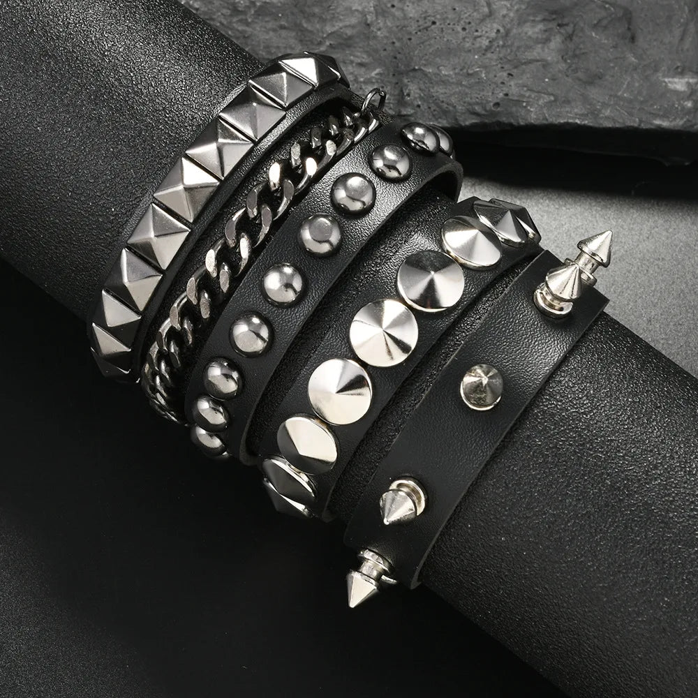 3-Piece Black Gothic Spike Rivet Bracelet Set – Punk Emo Boho Studded Wristbands
