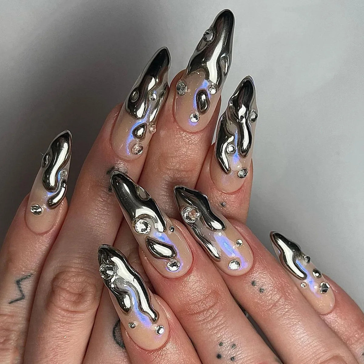 24Pcs Black Y2K Press On Nails, Diamond Butterfly Halloween Long Almond Tips